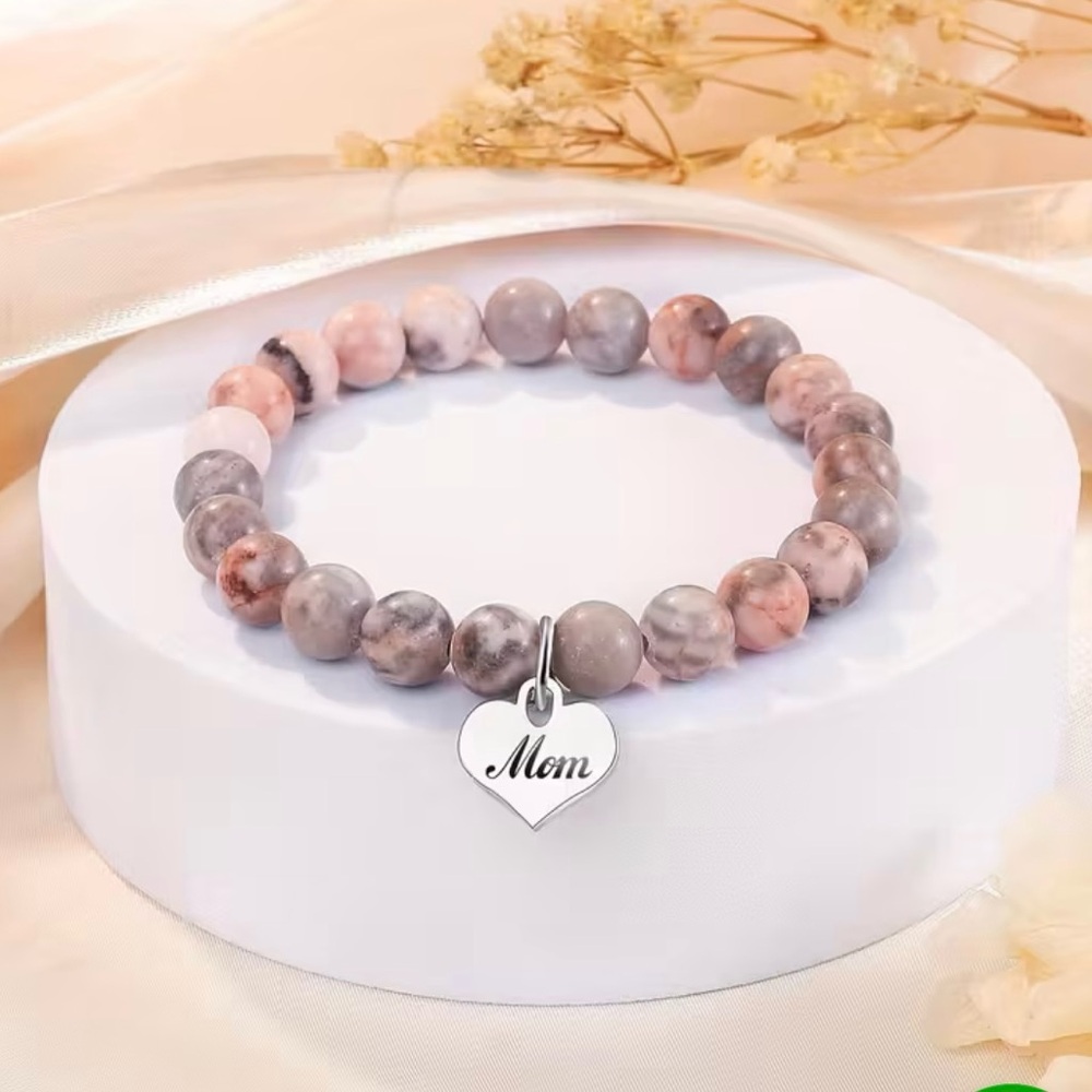 Beaded Pink Zebra Jasper Stone Bracelet with Heart Charm